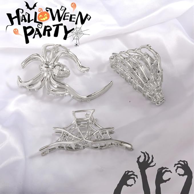 Hair Claw Clips for Women Girls, 3PCS Skeleton Hand Spider Web and Large Spider Punk Metal Alloy Hair Accessories Decorations for Thick Hair Styling Tools Gift(Silver Color)