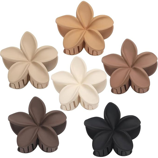 Hawaiian Plumeria Flower Claw Hair Clips - 6 Pcs Large for Thick Hair and Thin for Beach, Hair Accessories for Women and Girls - Khaki