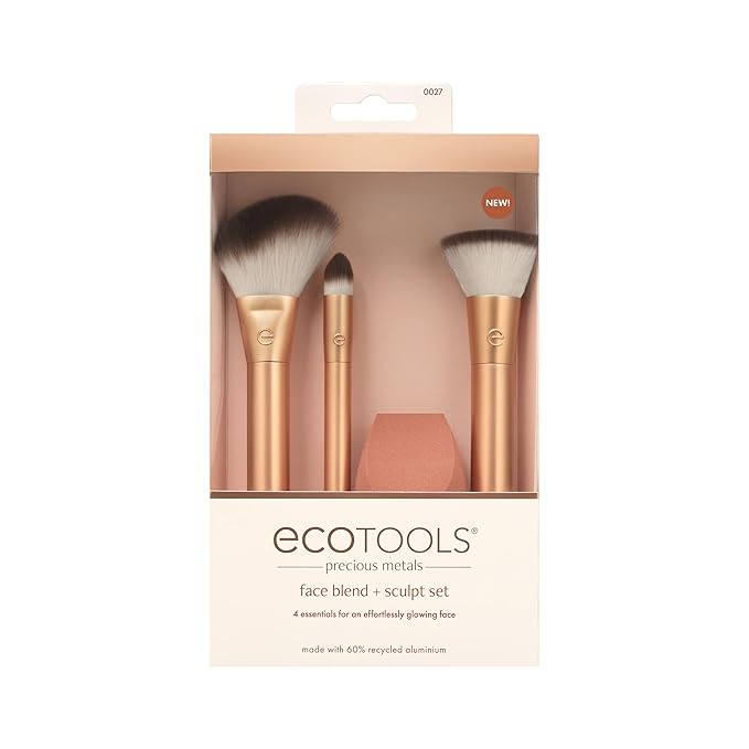 EcoTools Precious Metals Face Blend & Sculpt Set, Makeup Brush Set For Foundation, Concealer, & Powder, Makeup Sponge, Eco-Friendly, Recycled Aluminum, Chrome, Cruelty-Free, 4 Piece Set