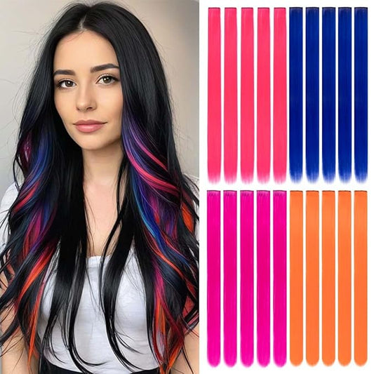 20 Packs Colored Hair Extensions 20Inch Straight Multi-Colors Party Highlights Clip In Hair Extension Synthetic Rainbow Hairpieces for Girls Kids Gift(Rose Red, Blue, Pink, Orange)