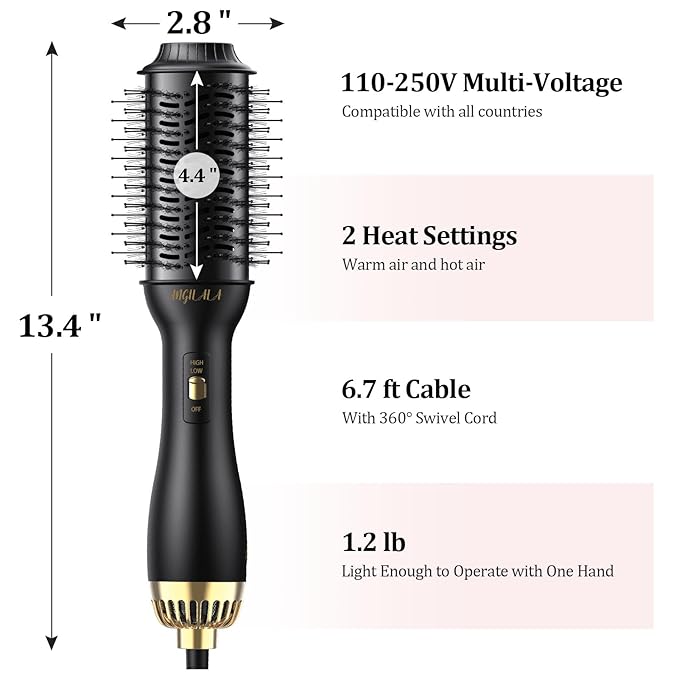 110~250V Dual Voltage Hair Dryer Brush for International Travel, EU/UK Plug Adapter & Travel Case Included, Europe Travel Essentials for Women
