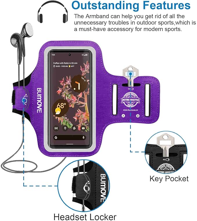 Pixel 9 Pro XL /8 Pro/7 Pro/Armband, BUMOVE Gym Running Workouts Sports Phone Arm Band for Google Pixel 9 Pro XL, 8 Pro,7 Pro, 6 Pro, with Card Holder (Purple)
