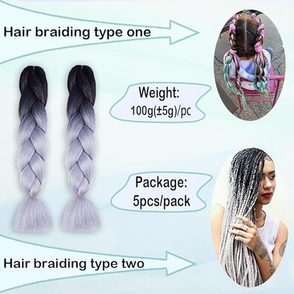 Ombre Braiding hair synthetic Crochet braids twist 24inch 5pcs/lot 100g Ombre two three tone Jumbo braid hair extensions Dreadlocks (black-Silver gray)