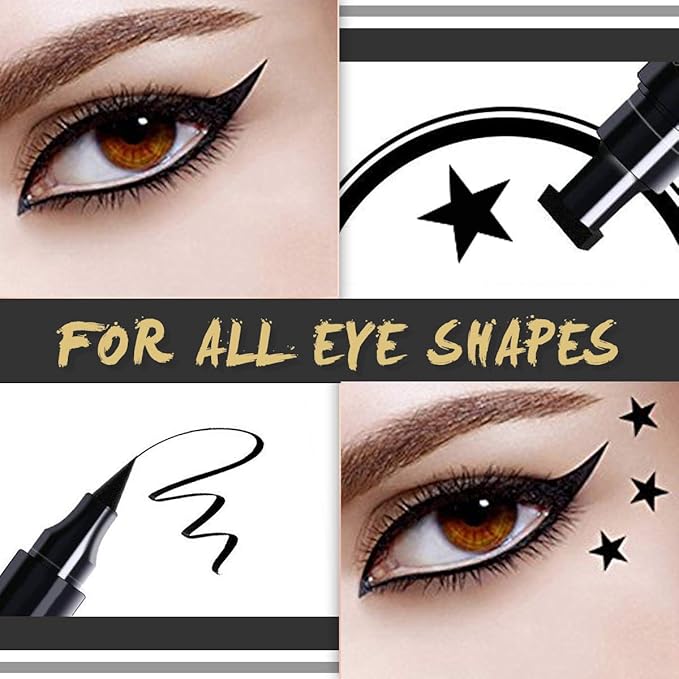 4Pcs Dual-Ended Black Liquid Eyeliners Pack with Face Stamps – Star Moon Flower Heart Stamps for Cosplay & Gothic Makeup,Fine Tip, Smudge-resistant – Beginner-Friendly (4Pcs-Black-set03)