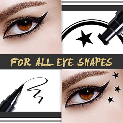 4Pcs Dual-Ended Black Liquid Eyeliners Pack with Face Stamps – Star Moon Flower Heart Stamps for Cosplay & Gothic Makeup,Fine Tip, Smudge-resistant – Beginner-Friendly (4Pcs-Black-set03)