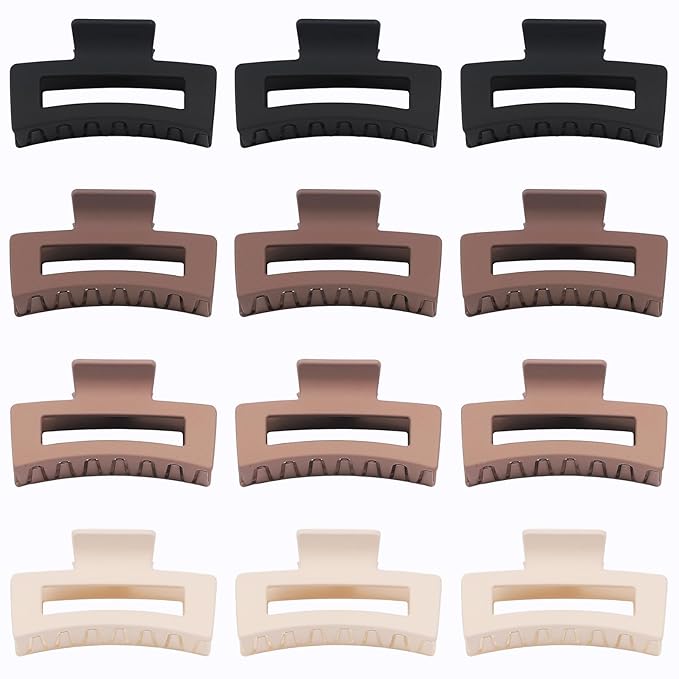 3.5 Inch Medium Hair Claw Clips 12 Pcs Square Claw Clips for Thick and Thin Hair Rectangular Rectangle Hair Clips Jaw Clips Bulk Hair Accessories for women and Girls - Brown
