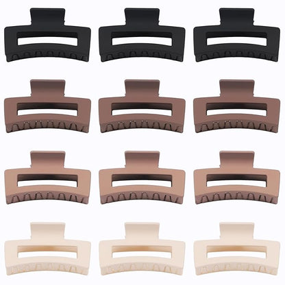 3.5 Inch Medium Hair Claw Clips 12 Pcs Square Claw Clips for Thick and Thin Hair Rectangular Rectangle Hair Clips Jaw Clips Bulk Hair Accessories for women and Girls - Brown