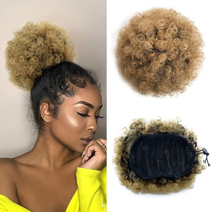Ombre Brown Afro Puff Drawstring Ponytail Kinky Curly Pony Tail Hair Extensions Synthetic Short Bun Hairpieces for Black Women(1B/27#)