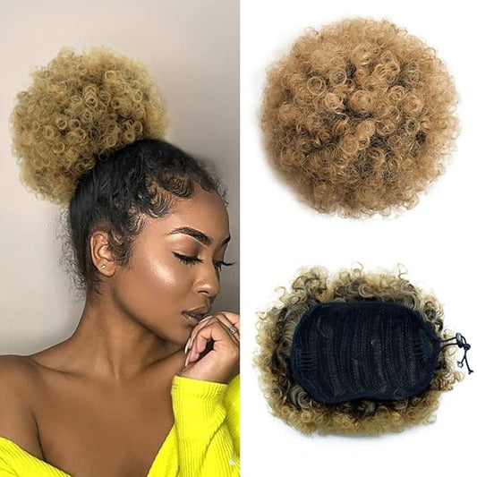 Ombre Brown Afro Puff Drawstring Ponytail Kinky Curly Pony Tail Hair Extensions Synthetic Short Bun Hairpieces for Black Women(1B/27#)