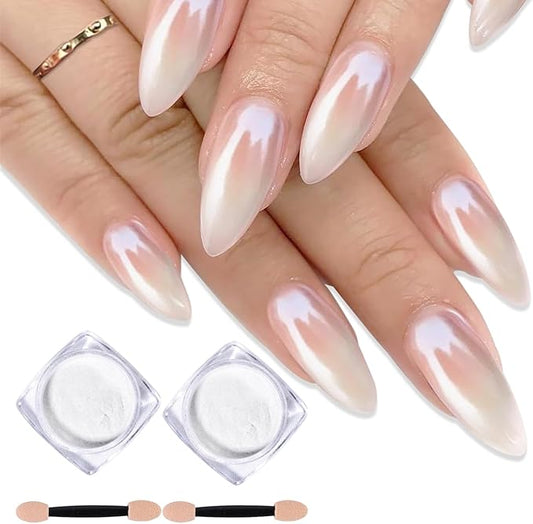 2 Pcs White Pearl Chrome Nail Powder,Mirror Effect Aurora Magic Pearlescent Nail Jewelry Glitter Holographic Pigment Symphony Mermaid Pearl Neon Ice Aurora Dust Nail Powder,DIY Nail Art Decorations