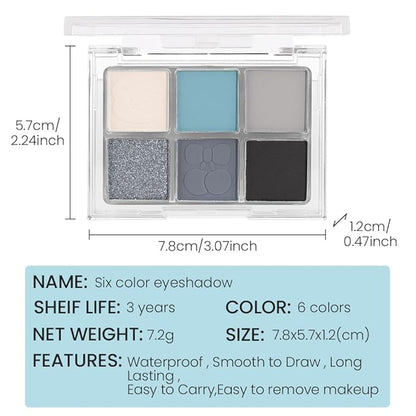 6 Colors Glitter Matte Eyeshadow Palette, Light White Sky Blue Gray Silver Black Sparkly Eyeshadow Palette Makeup, Warm Eye Shadows Palette Long Lasting Naturing-Looking Women Girls Eye Shadow 03