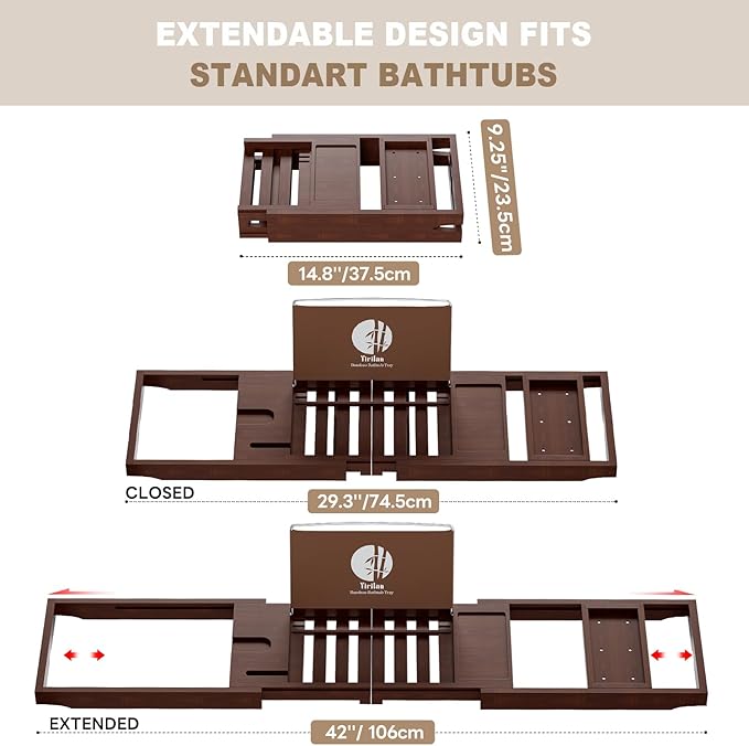 Yirilan Bamboo Bathtub Tray Caddy, 1 or 2 Person Expandable Wooden Bathroom Tray, Luxury Bamboo Bathtub Tray Expandable, Bath Tub Table Caddy with Extending, Brown