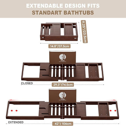 Yirilan Bamboo Bathtub Tray Caddy, 1 or 2 Person Expandable Wooden Bathroom Tray, Luxury Bamboo Bathtub Tray Expandable, Bath Tub Table Caddy with Extending, Brown