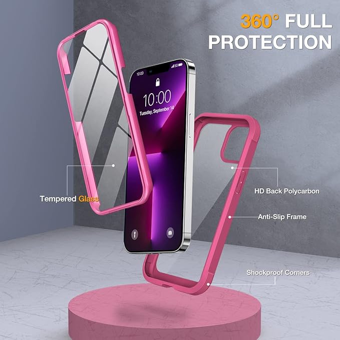 Miracase Glass Case for iPhone 13 Pro Max 6.7 inch, Upgrade Full-Body Clear Bumper Case with Built-in 9H Tempered Glass Screen Protector for iPhone 13 Pro Max, Dianthus Red