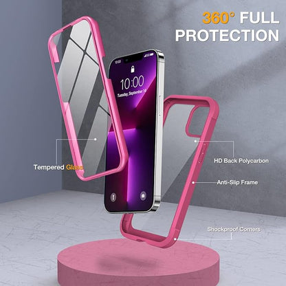 Miracase Glass Case for iPhone 13 Pro Max 6.7 inch, Upgrade Full-Body Clear Bumper Case with Built-in 9H Tempered Glass Screen Protector for iPhone 13 Pro Max, Dianthus Red