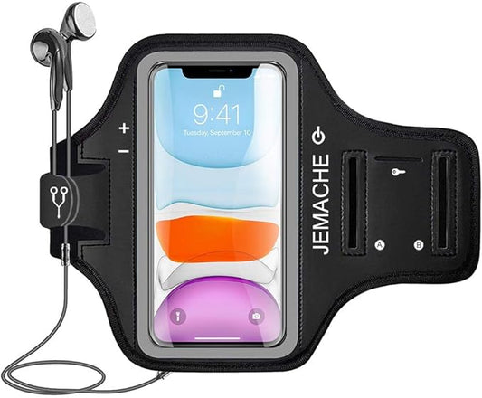 iPhone 16e 16 15 14 Armband, JEMACHE Water Resistant Gym Running Workouts Arm Band for iPhone 16e 16 15 14 13 12 11 Pro (Black)