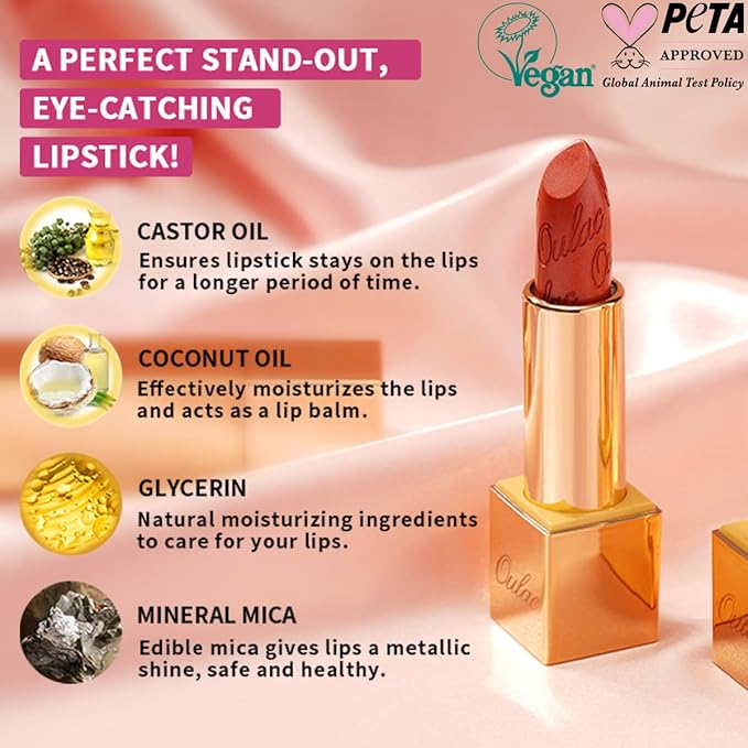 Oulac Metallic Orange & Coral Pink Lipstick Set - 2PCS Vegan Lightweight Hydrating Formula with High Impact Lip Color for Full Coverage Lip Makeup, Christmas Gifts for Women, 05+25