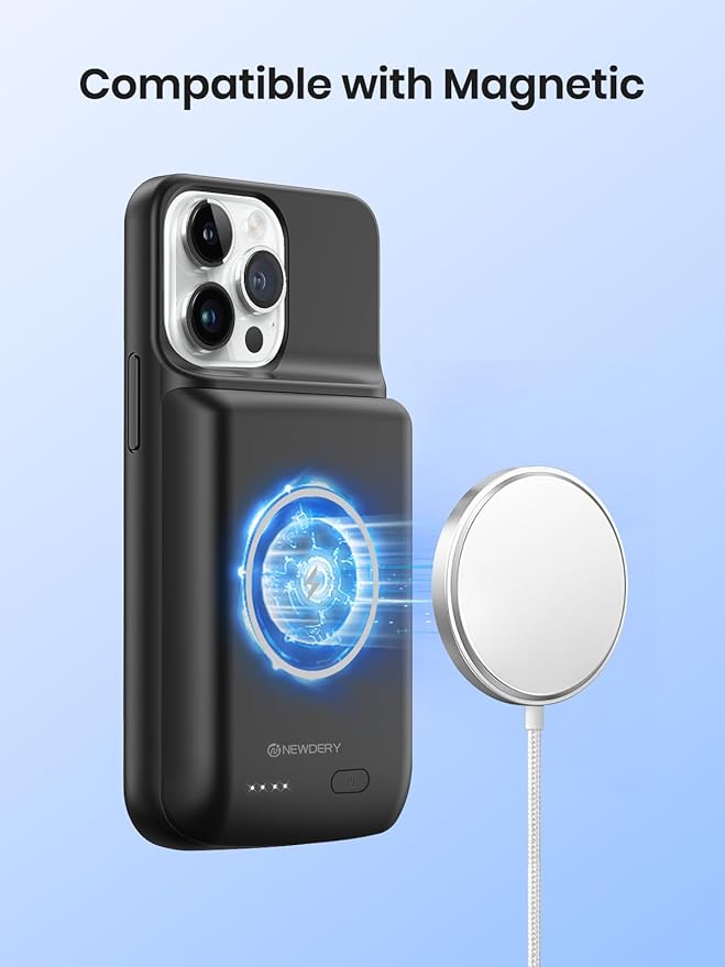 NEWDERY Battery Case for iPhone 15 Pro/iPhone 15 10000mAh, USB C Qi Wireless Charging Case, Portable Rechargeable Extended Charger Case Battery Pack - 2023 Release Black