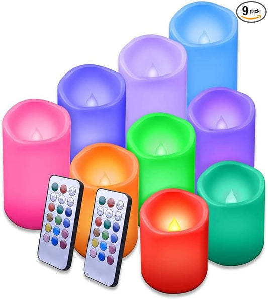 Enido Flameless Candles, Color Changing LED Candles(D: 3" x H: 4" 5" 6") Battery Operated Candles Plastic Pack of 9 Flameless Pillar Candles