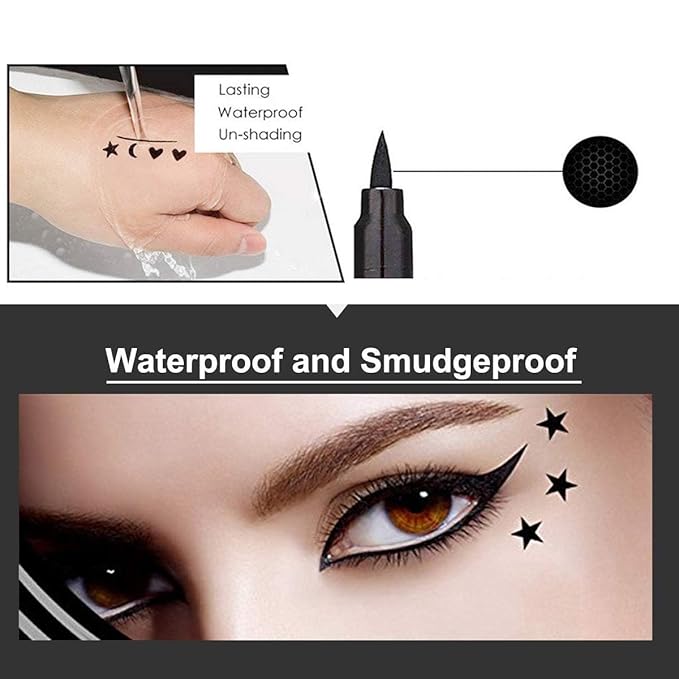 4Pcs Dual-Ended Black Liquid Eyeliners Pack with Face Stamps – Star Moon Flower Heart Stamps for Cosplay & Gothic Makeup,Fine Tip, Smudge-resistant – Beginner-Friendly (4Pcs-Black-set03)