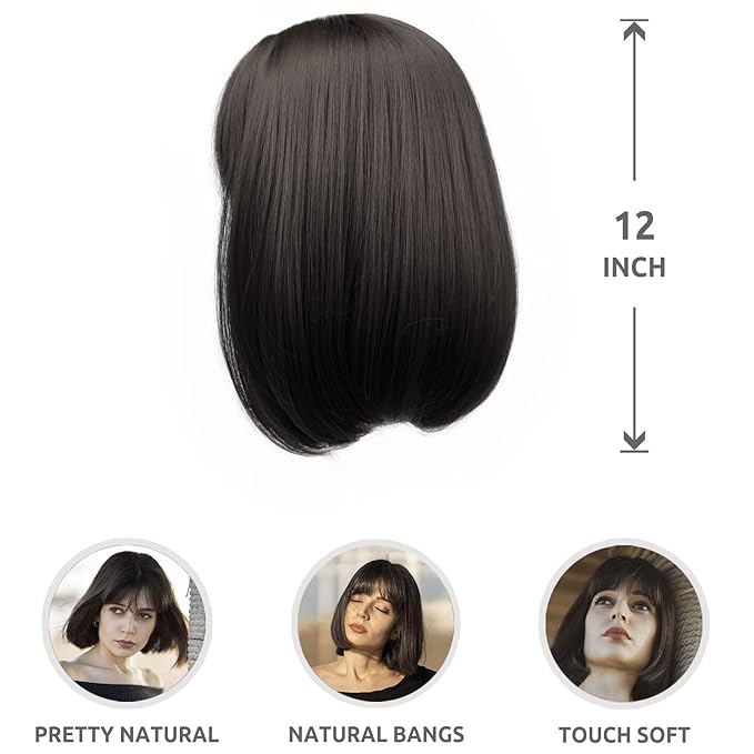Onpep Bob Wig with Bangs Darkest Brown Short Straight Wigs for Women Shoulder Length Heat Resistant Synthetic Natural Color Wigs