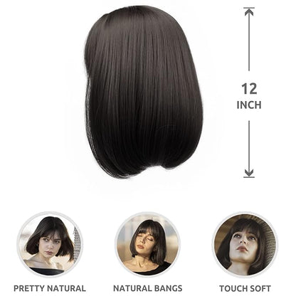 Onpep Bob Wig with Bangs Darkest Brown Short Straight Wigs for Women Shoulder Length Heat Resistant Synthetic Natural Color Wigs