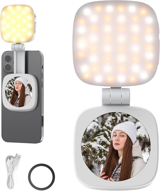 NEEWER BASICS Magnetic Selfie Light Compatible with MagSafe iPhone, CRI95 700lx/0.3m Folding LED Phone Fill Ring Lighting with Mirror for Zoom Makeup Photography Recording Video Conference,White NL48B