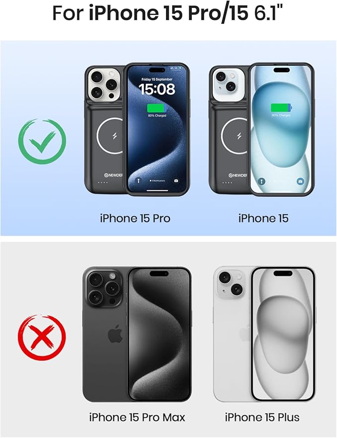 NEWDERY Battery Case for iPhone 15 Pro/iPhone 15 10000mAh, USB C Qi Wireless Charging Case, Portable Rechargeable Extended Charger Case Battery Pack - 2023 Release Black