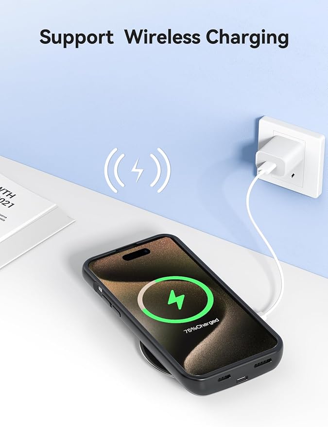 NEWDERY 10000mAh Battery Case for iPhone 15 Pro Max/Plus, USB C Qi Wireless Charging,Portable Protective Charger Case Battery Pack