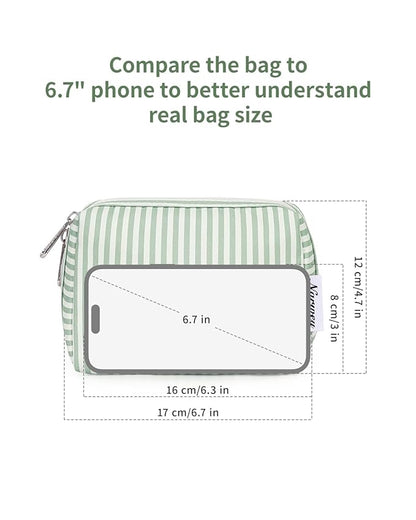 Narwey Small Striped Makeup Bag for Purse Mini Cosmetic Bag Travel Makeup Pouch Zipper Pouch Cute Make up Bags with Compartments for Women Girls (Mint Green Stripe, Small)