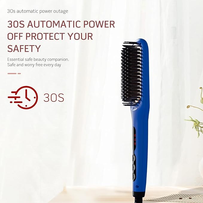 MEGAWISE Pro Ceramic Ionic Hair Straightener Brush for Home Salon, Straightening Hair Brush with 20s Heating Tech, Auto-Off, Anti-Scald with Universal Dual Voltage,Rotatable Power Cord, Gentian Blue