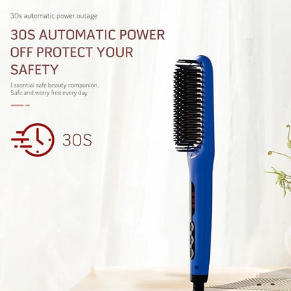MEGAWISE Pro Ceramic Ionic Hair Straightener Brush for Home Salon, Straightening Hair Brush with 20s Heating Tech, Auto-Off, Anti-Scald with Universal Dual Voltage,Rotatable Power Cord, Gentian Blue