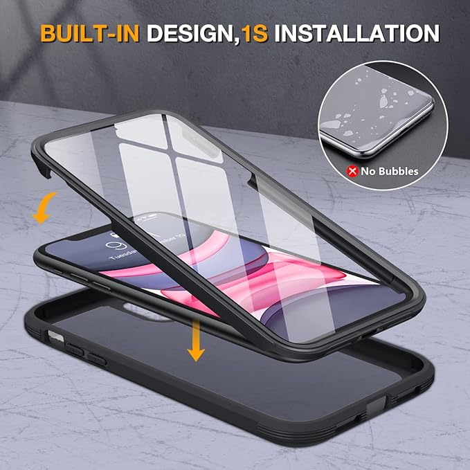 Miracase Glass Series Designed for iPhone 11 Case [2023 Upgraded] Full-Body Rugged Bumper Case with Built-in 9H Tempered Glass Screen Protector and Camera Protector (Matte Black)