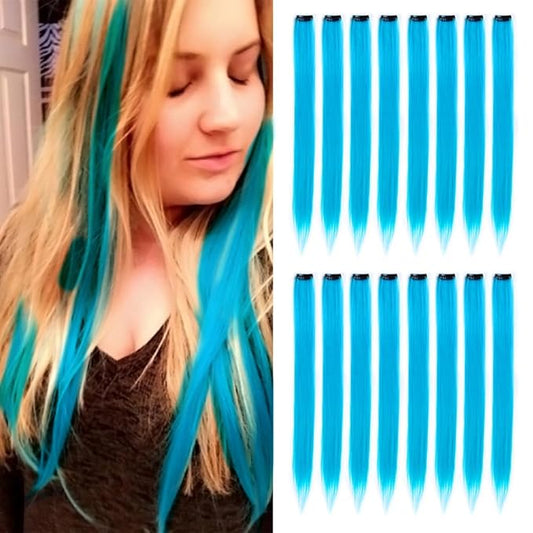 16Pcs Light Blue Clip in Hair Extensions Straight Synthetic Highlights Colored Party Hairpieces for Women Girls Festival Daily Outfits Used 20 inch(Light Blue)