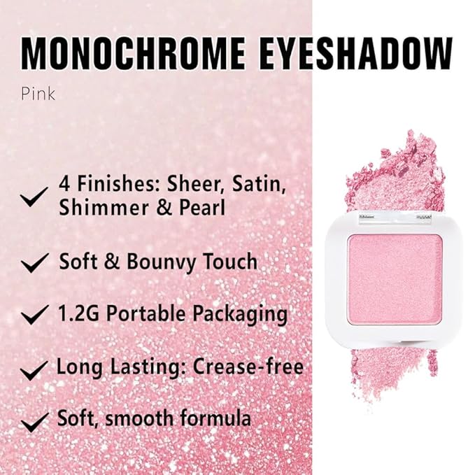 evpct Pink Shimmer Single Eye shadow Palette Makeup for Older Women, Pink Glitter Sparkly Cream Eye Shadow Palette Brightener Make up for Older Women, High Pigment Waterproof Monochrome Mini Eyeshadow