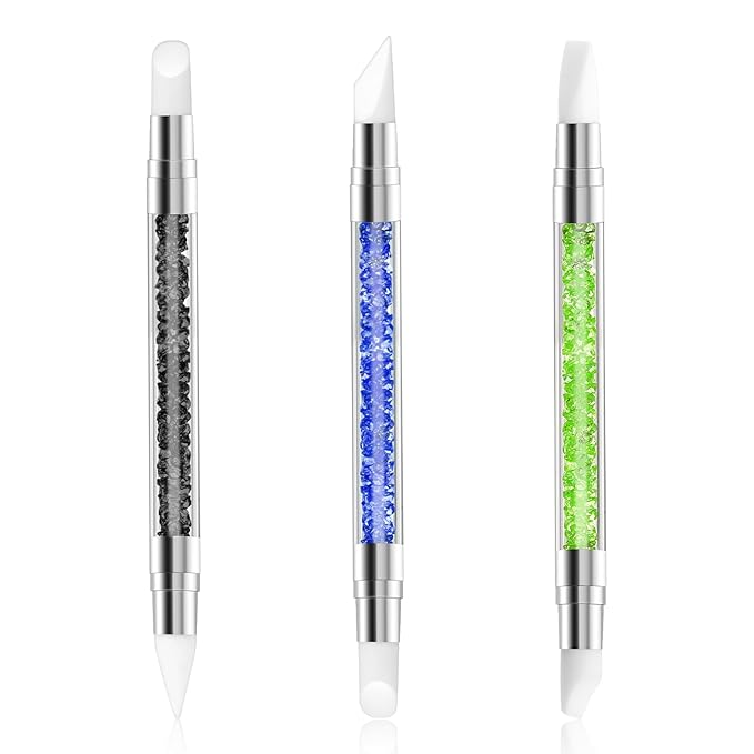 3 Pcs Nail Art Sculpture Pen, Dual Tipped Silicone Nail Tools, Silicone Head Acrylic Handle Nail Art Brushes, Rhinestone Nail Polish Carving Pen, Nail Art Tools for Home Salon(Black Green Royal Blue)