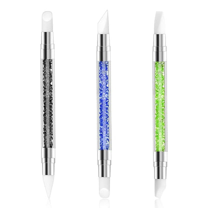 3 Pcs Nail Art Sculpture Pen, Dual Tipped Silicone Nail Tools, Silicone Head Acrylic Handle Nail Art Brushes, Rhinestone Nail Polish Carving Pen, Nail Art Tools for Home Salon(Black Green Royal Blue)