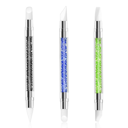 3 Pcs Nail Art Sculpture Pen, Dual Tipped Silicone Nail Tools, Silicone Head Acrylic Handle Nail Art Brushes, Rhinestone Nail Polish Carving Pen, Nail Art Tools for Home Salon(Black Green Royal Blue)