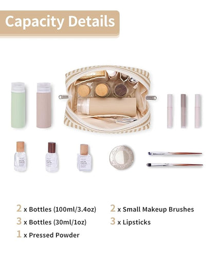 Narwey Small Striped Makeup Bag for Purse Mini Cosmetic Bag Travel Makeup Pouch Zipper Pouch Cute Make up Bags with Compartments for Women Girls (Brown Stripe, Small)