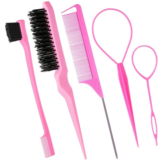 5Pcs Slick Back Brush Set with Topsy Tail Tool, Teasing Bristle, Rat Comb for Women & Girls Hair Styling, Flyaways Control and Edge Combing - Pink