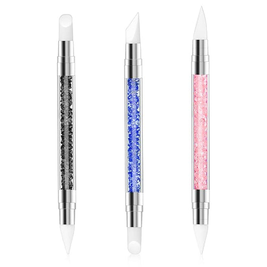 3 Pcs Nail Art Sculpture Pen, Dual Tipped Silicone Nail Tools, Silicone Head Acrylic Handle Nail Art Brushes for Design Nail Foil Carving Drawing Effect Shaping Drawing (Black, Pink, Royal Blue)