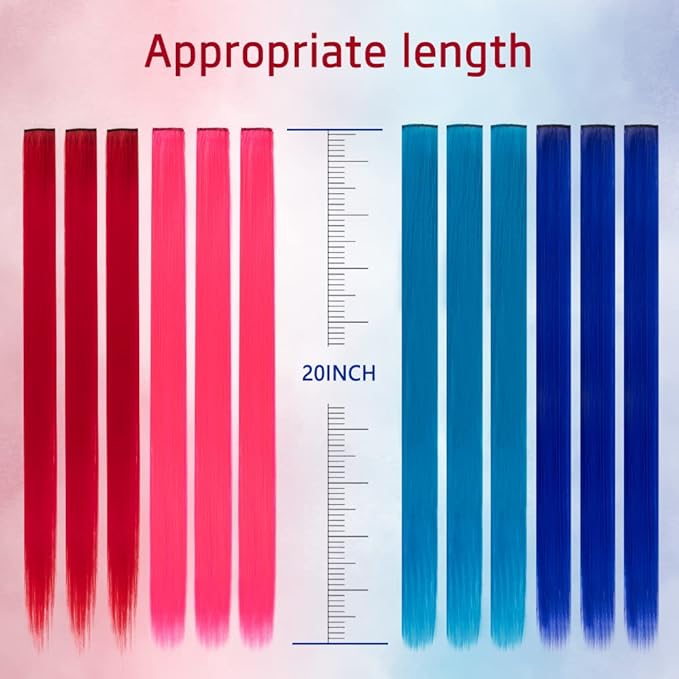 20 Packs Colored Hair Extensions 20Inch Straight Multi-Colors Party Highlights Clip In Hair Extension Synthetic Rainbow Hairpieces for Girls Kids Gift(Blue, Navy Blue, Red, Pink)