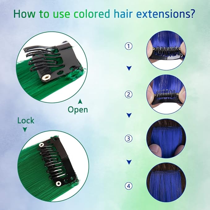 24 Packs Colored Hair Extensions 20Inch Straight Multi-Colors Party Highlights Clip In Hair Extension Synthetic Rainbow Hairpieces for Girls Kids Gift(Blue, Dark Blue, Green, Grass Green)