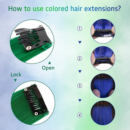 24 Packs Colored Hair Extensions 20Inch Straight Multi-Colors Party Highlights Clip In Hair Extension Synthetic Rainbow Hairpieces for Girls Kids Gift(Blue, Dark Blue, Green, Grass Green)