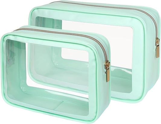 PACKISM TSA Approved Toiletry Bag - Upgrade Color-Edged Clear Makeup Bag, Unique Appearance, 2 Pack Hold Lots of Items, Reusable Clear Toiletry Bags for Travel Essentials, Green (2 Sizes)