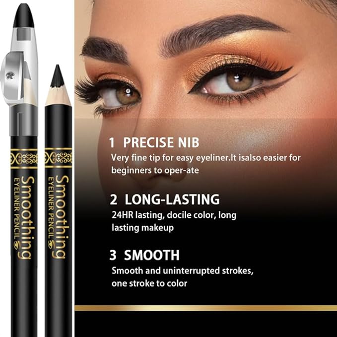 6 Pcs Black Eye liner Pen Set with Sharpener, Wooden Voluminous Smoldering Eye liner, Smooth Creamy Matte Tattoo Pencils for Women,Hairline Eyebrow Makeup (6Pcs-Smooth Creamy Black Sticks)