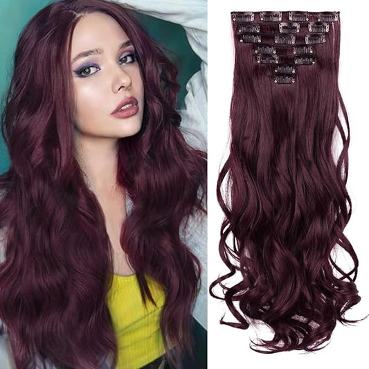 22 Inch Clip In Hair Extensions 7 PCS Long Wavy Synthetic Hair Extension & Natural Soft Invisible Clip Thick Hairpieces for Women Daily(20Inch, 7pcs, Burgundy)