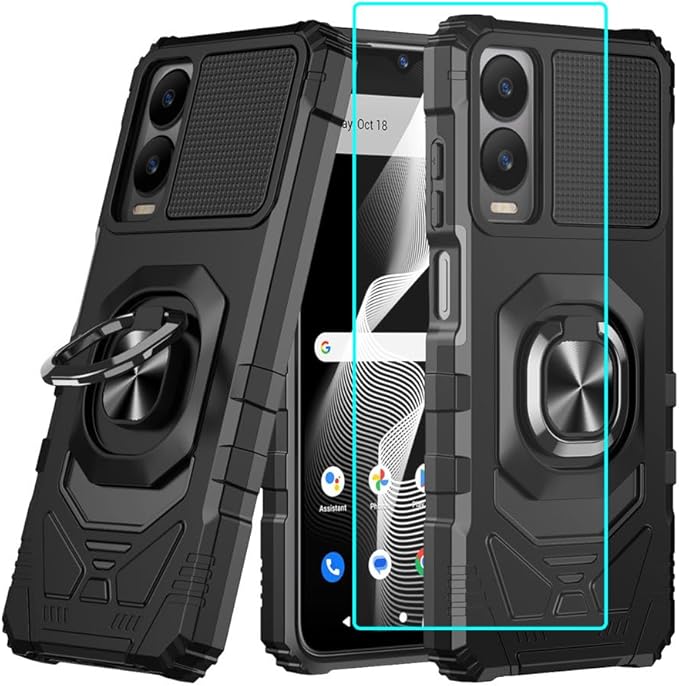 for Cricket Icon 6 / ATT Verge Case with 1 Pack Screen Protector,Dual Layer Hybrid Heavy Duty Defender Protection,Sleek Rugged Reinforced Cushion Corner Kickstand Shockproof Bumper Cover Black