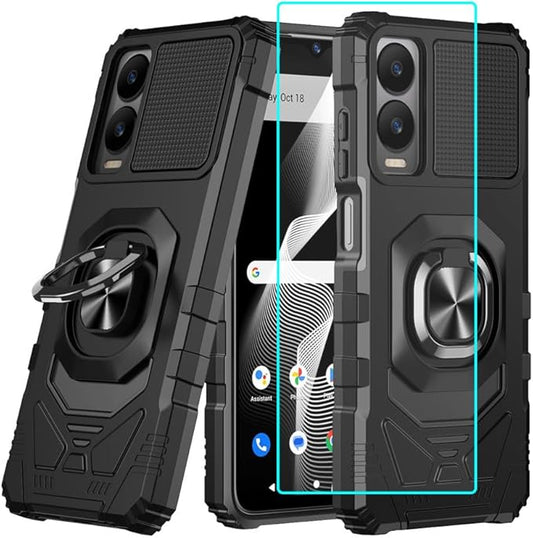 for Cricket Icon 6 / ATT Verge Case with 1 Pack Screen Protector,Dual Layer Hybrid Heavy Duty Defender Protection,Sleek Rugged Reinforced Cushion Corner Kickstand Shockproof Bumper Cover Black