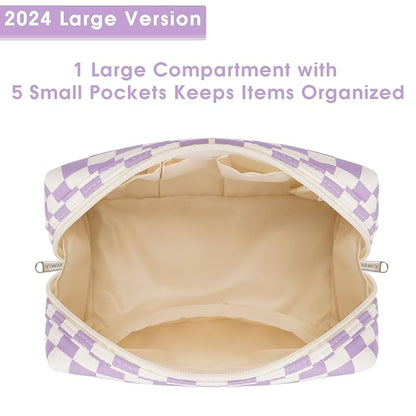 Narwey Checkered Makeup Bag Travel Cosmetic Bag Organizer Toiletry Bag Make Up Bags with Compartments for Women Girls (Large, Purple Checkerboard)